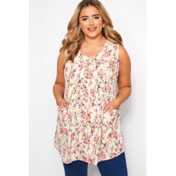 Plus Size Cream & Pink Floral Sleeveless Pocket Blouse 16