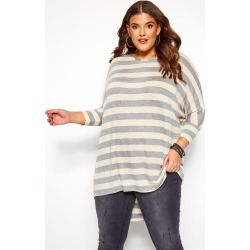 Plus Size Cream & Grey Stripe Extreme Dipped Hem Top 16
