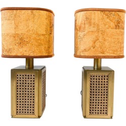 Mid Century Modern Table Lamps Cork Shade, Brass And Cane Base, Italy, 1970s