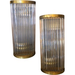 1980s Set Of Two Mid-century Modern Brass And Glass Italian Wall Sconces