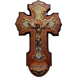 19th Century French Bronze Cloisonne Wall Crucifix On Marquetry Walnut Mount