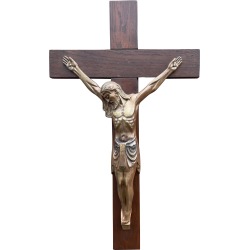 Antique Art Deco Wall Crucifix W. Bronze Christ Corpus By Sculptor Sylvain Norga