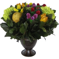 Bougainvillea 15in Clover Flower, Protea & Hydrangea in Trophy Vase
