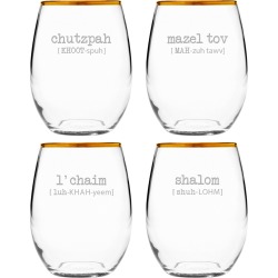 Susquehanna Glass Jewish Words Vol 2 Set of Four 21oz Stemless Glasses