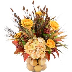 Hydrangea, Ranunculus and Wheat in Glass Vase with Lemons