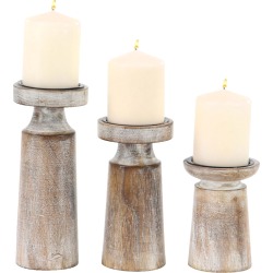 Natural Set Of 3 Mango Wood & Iron Pedestal Candle Holders