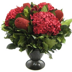 Bougainvillea Metal Trophy Vase With Banksia Burgundy & Hydrangea