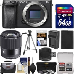 Sony Alpha A6300 4K Wi-Fi Digital Camera Body with Sigma 30mm f/1.4 Lens + 64GB Card + Case + Battery & Charger + Tripod + Filters Kit