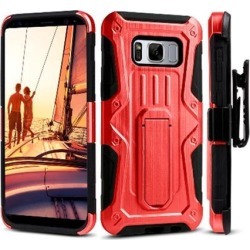Heavy Duty Shockproof Hybrid Silicone Armor Tough Hard Case Cover With Belt Clip Black/ Red for Samsung Galaxy S8