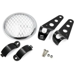 Black Silver Tone Headlight Holder Supporter Bracket w 5.6inch Dia Bevel Grid for Motorcycle