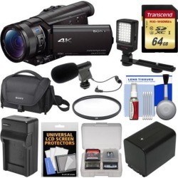 Sony Handycam FDR-AX100 Wi-Fi 4K HD Video Camera Camcorder with 64GB Card + Case + LED Light + Battery & Charger + Mic + Filter + Kit