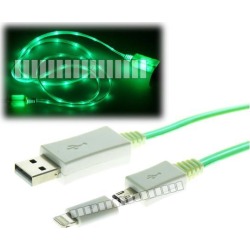 Green 1M 3.3Ft Illuminating LED Micro USB Cable + Micro USB Female to 8 Pin Lightning Male Adapter Data Sync Charge Cable for Apple iPhone 6 Plus iPad