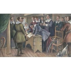 Posterazzi SAL900600002 Signing the Compact on the Mayflower Cpyrt 1895 J. Steeple Davis 1844-1917 American Poster Print - 18 x 24 in.