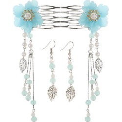 Classic Retro Bride Wedding Jewelry Chinese Style Flower Hair Comb Lake Blue