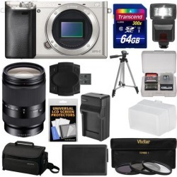 Sony Alpha A6000 Wi-Fi Digital Camera Body (Silver) with 18-200mm LE Zoom Lens + 64GB Card + Case + Flash + Battery/Charger + Tripod Kit