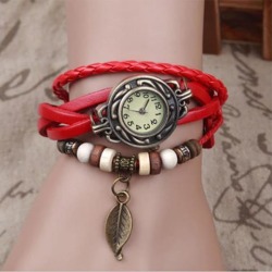 Women Girls Fashion Retro Handmade Leather Bracelet Leaf Decoration Quartz Wrist Watch Red