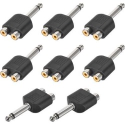 6.35mm Male to 2 RCA Female Connector Splitter Adapter Coupler Black for Mono Audio Video AV TV Cable Convert 8pcs