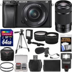 Sony Alpha A6300 4K Wi-Fi Digital Camera & 16-50mm & 55-210mm Lenses (Black) with 64GB Card + Case + Flash + Video Light + Mic + Battery + Tripod +.