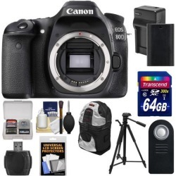 Canon EOS 80D Wi-Fi Digital SLR Camera Body with 64GB Card + Battery & Charger + Backpack + Tripod + Remote + Kit