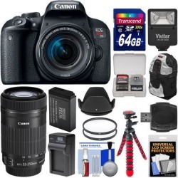 Canon EOS Rebel T7i Digital SLR Camera & EF-S 18-55mm + 55-250mm IS STM Lens + 64GB Card + Backpack + Flash + Battery & Charger + Tripod + Kit