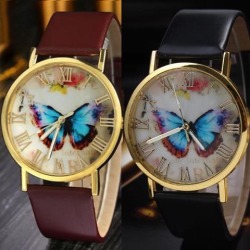 Women Quartz Wrist Watch Roman Numerals Fashionable Butterfly Dial Faux Leather Watch white