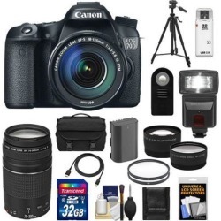 Canon EOS 70D Digital SLR Camera & EF-S 18-135mm IS STM Lens with 75-300mm III Lens + 32GB Card + Battery + Case + Tripod + Flash + Tele/Wide Lens Kit