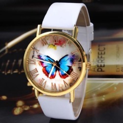 Women Quartz Wrist Watch Roman Numerals Fashionable Butterfly Dial Faux Leather Watch brown