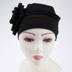 Womens Flower Stretch Turban Hat Hijab Cap Head Wrap Hair Loss Chemo Beanie Black