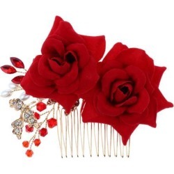 Wedding Bridal Pearl Hair Comb Red Rose Crystal Headpiece Hair Accessory