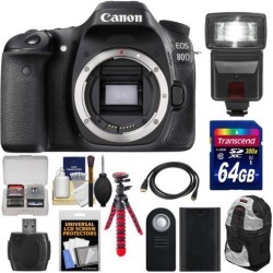 Canon EOS 80D Wi-Fi Digital SLR Camera Body with 64GB Card + Battery + Backpack + Flash + Flex Tripod + Kit