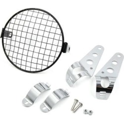Black Silver Tone Headlight Holder Supporter Bracket w 6.9inch Dia Square Grid for Motorcycle
