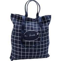 Household Canvas Plaid Pattern Zipper Closure Shopping Pouch tote Bag Dark Blue