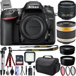 Nikon D7200 24.2MP 1080P DSLR Camera w/ 3.2' LCD - Wi-Fi & GPS Ready + 4 Lens - 18 to 1000mm - 32GB - 30PC Kit - Nikon 18-55VR - Opteka 1000mm Lens.