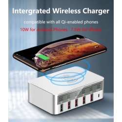 Desktop Smart Multi-port Hub Charging Station 10W Qi Wireless Fast Charger LCD Screen Quick Charge 3.0 USB Charging Port