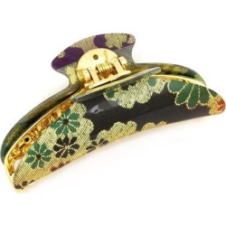Women Gold Tone Black Green Flower Printed Crescent Plastic Hair Claws Clip