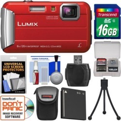 Panasonic Lumix DMC-TS30 Tough Shock & Waterproof Digital Camera (Red) with 16GB Card + Case + Battery + Flex Tripod + Kit