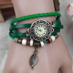 Women Girls Fashion Retro Handmade Leather Bracelet Leaf Decoration Quartz Wrist Watch Green