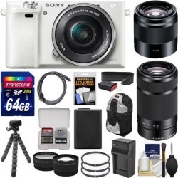 Sony Alpha A6000 Wi-Fi Digital Camera & 16-50mm (White) with 55-210mm & 50mm f/1.8 Lenses + 64GB Card + Case + Battery/Charger + Tripod + Kit