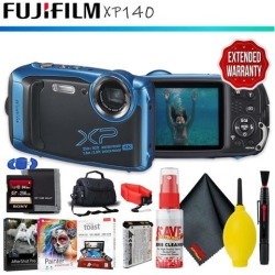 FUJIFILM FinePix XP140 Digital Camera (Sky Blue) + Memory Card Kit + Carrying Case + Floating Strap + Cleaning Kit + Editing Software + Extended