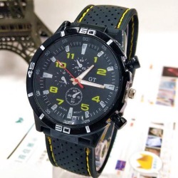 Men Fashion Silicone Watchband Round Dial Quartz Wristwatch Sports Wrist Watch yellow
