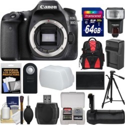 Canon EOS 80D Wi-Fi Digital SLR Camera Body with 64GB Card + Case + Flash + Battery & Charger + Grip + Tripod + Remote + Kit