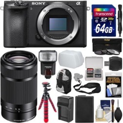 Sony Alpha A6500 4K Wi-Fi Digital Camera Body with 55-210mm Lens + 64GB Card + Backpack + Flash + Battery & Charger + Tripod + Kit