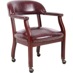 Traditional Captain's Chair In Burgundy Vinyl Leather Luxurious Conference Guest Chair Letherette Side Chair Wooden Frame with Casters Wheels
