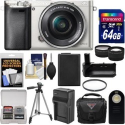 Sony Alpha A6000 Wi-Fi Digital Camera & 16-50mm Lens (Silver) with 64GB Card + Case + Battery & Charger + Grip + Tripod + Tele/Wide Lens Kit