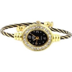 Unique Bargains Women Twisted Band Bracelet Bangle Rhinestone Quartz Wrist Watch Black Gold Tone