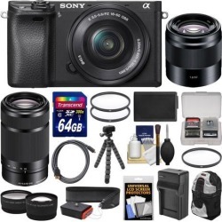 Sony Alpha A6300 4K Wi-Fi Digital Camera & 16-50mm, 55-210mm, & 50mm Lenses (Black) with 64GB Card + Case + Battery & Charger + Flex Tripod + Kit