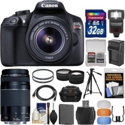 Canon EOS Rebel T6 Wi-Fi Digital SLR Camera & EF-S 18-55mm IS II + 75-300mm III Lens + 32GB Card + Case + Flash + Battery & Charger + Tripod + Lens.