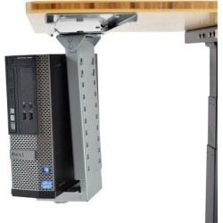 Swiveling Sliding Under-Desk Computer CPU Holder adjustable height width pc tower mount swivels 360 slides in and out ergonomic office desktop sit.