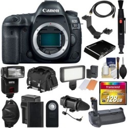 Canon EOS 5D Mark IV 4K Wi-Fi Digital SLR Camera Body with 128GB CF Card + Battery & Charger + Grip + Case + Flash + LED Light + Mic + Kit