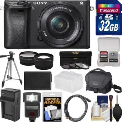 Sony Alpha A6300 4K Wi-Fi Digital Camera & 16-50mm Lens with 32GB Card + Case + Flash + Battery & Charger + Tripod + 3 Filters + Kit